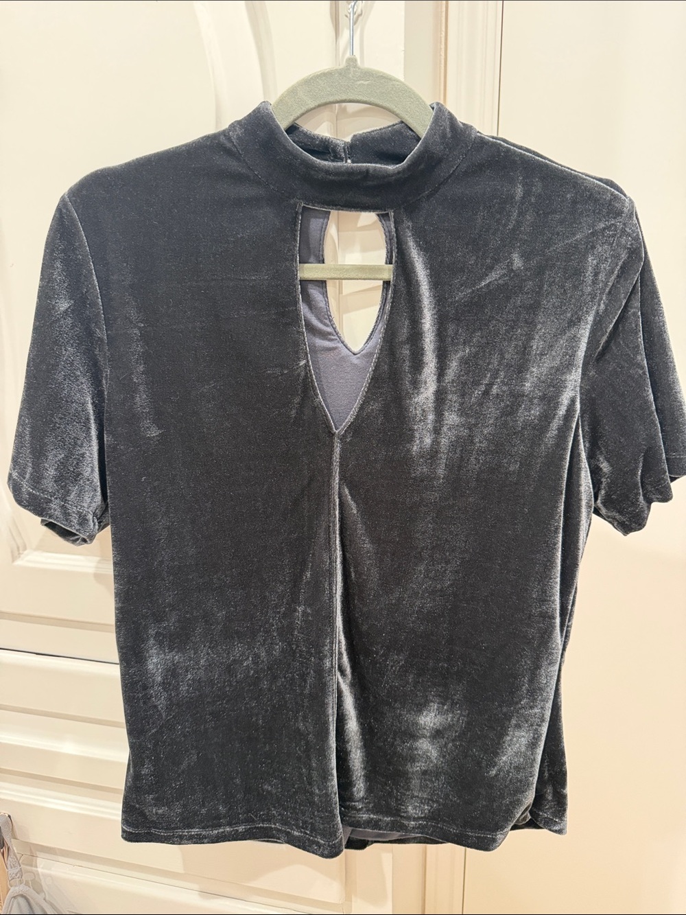 Tart Charcoal Velvet Short-Sleeve Mock Neck Top with Keyhole